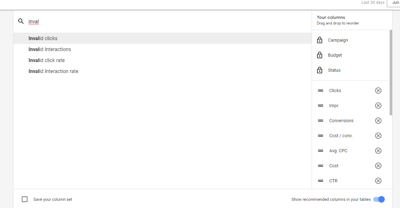 Google ads invalid clicks column